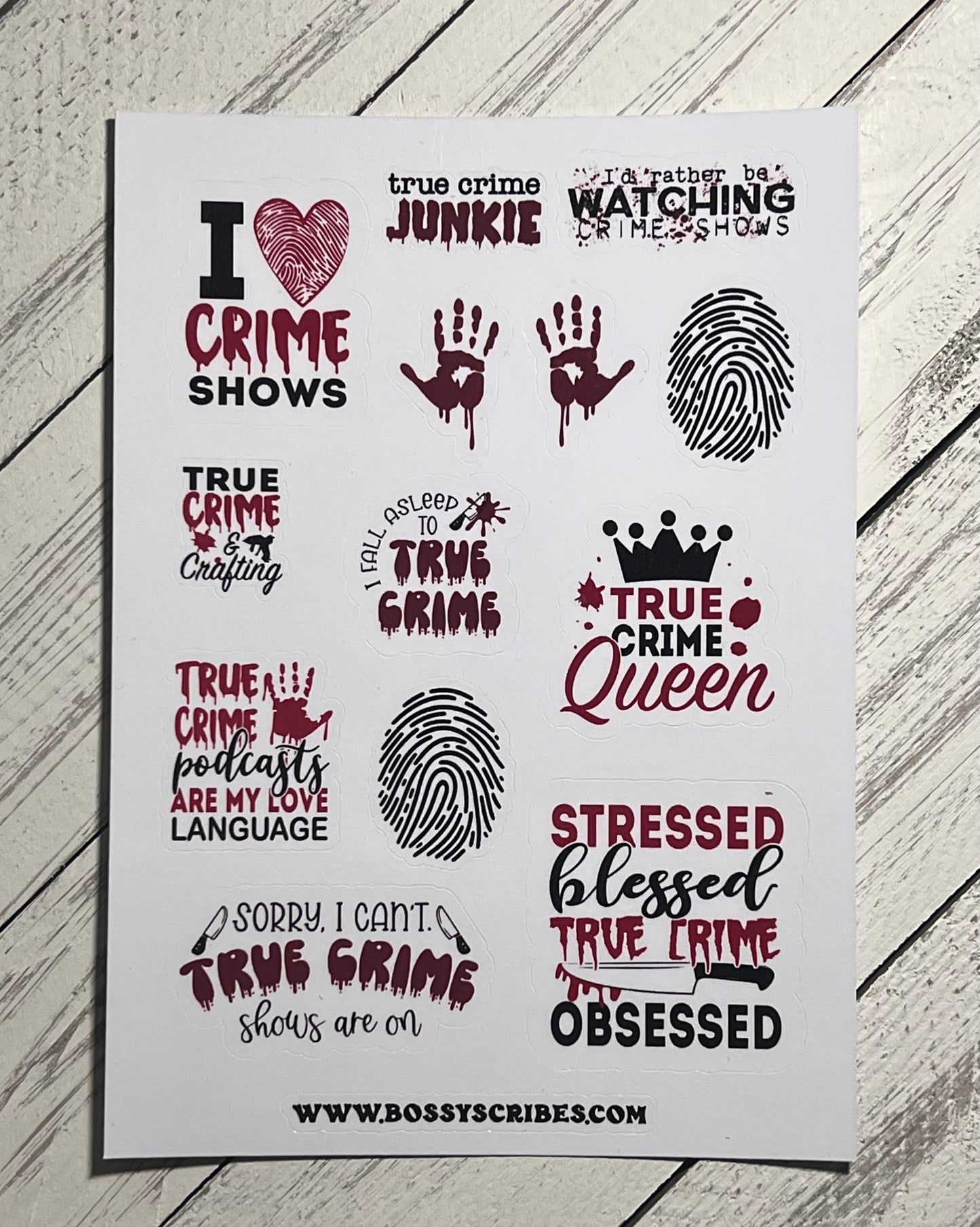 True Crime Stickers | Funny Vinyl Stickers for True Crime Fans | Bossy Scribes