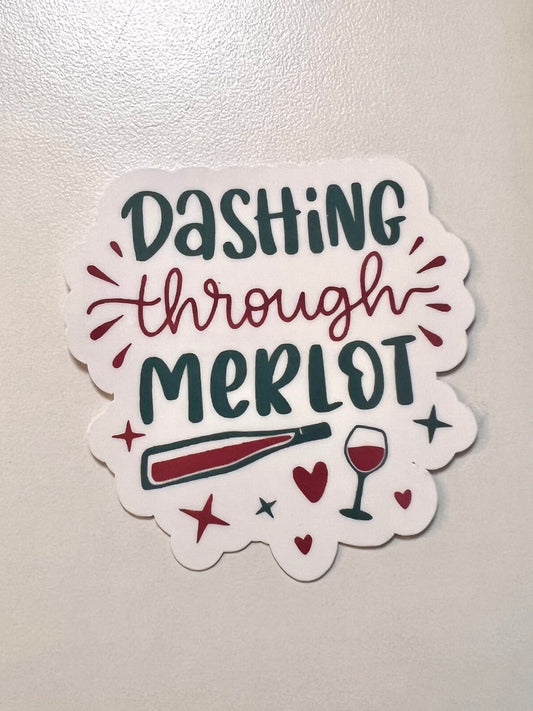 Dashing Thru Merlot Christmas Sticker | Funny Wine Lover Holiday Sticker | Bossy Scribes